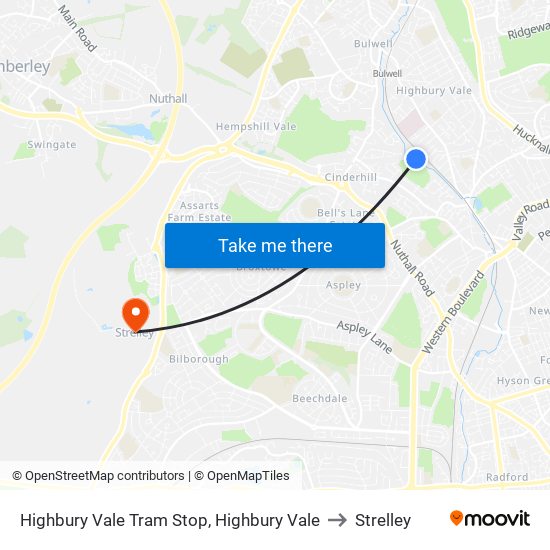 Highbury Vale Tram Stop, Highbury Vale to Strelley map