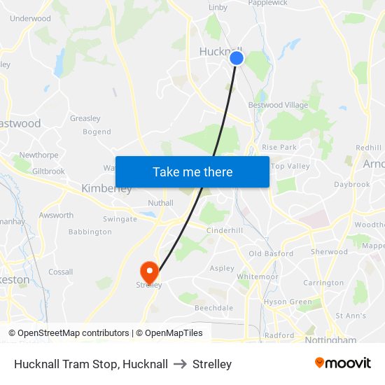 Hucknall Tram Stop, Hucknall to Strelley map