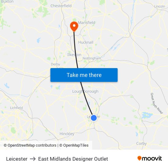 Leicester to East Midlands Designer Outlet map