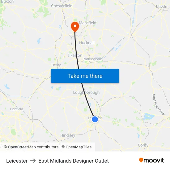 Leicester to East Midlands Designer Outlet map