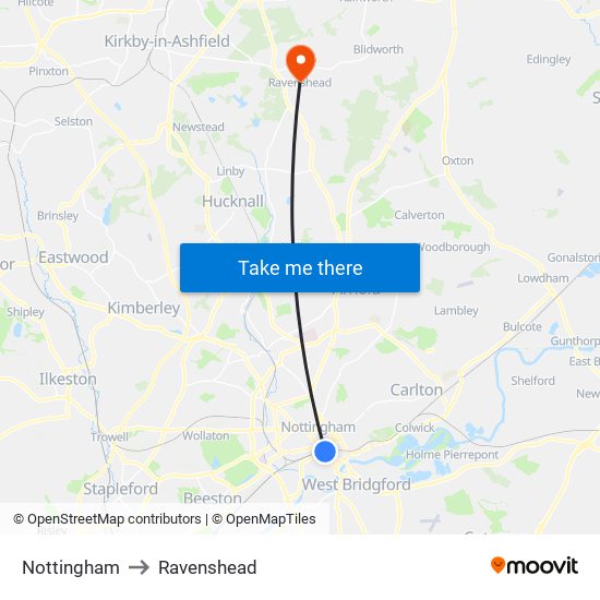 Nottingham to Ravenshead map