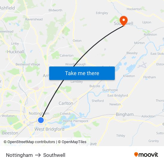 Nottingham to Southwell map