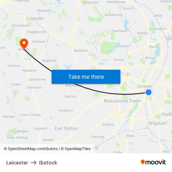 Leicester to Ibstock map