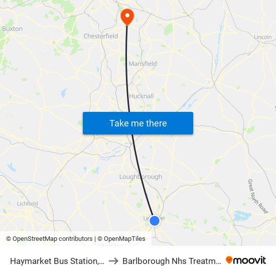 Haymarket Bus Station, Leicester to Barlborough Nhs Treatment Centre map