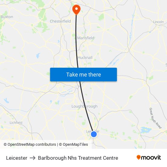 Leicester to Barlborough Nhs Treatment Centre map