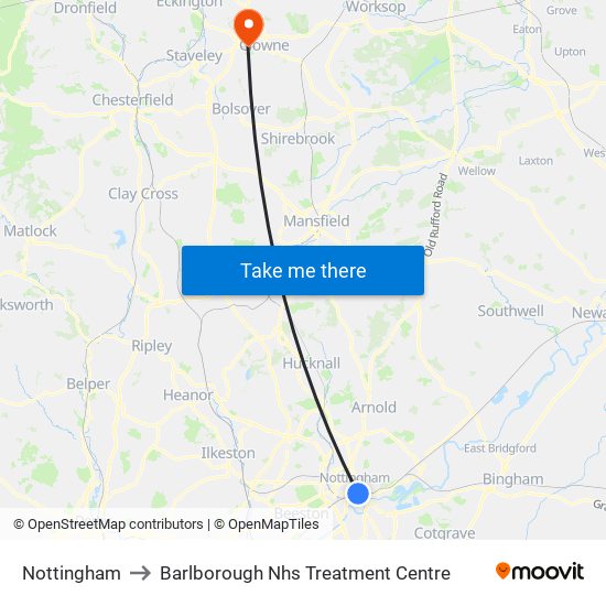 Nottingham to Barlborough Nhs Treatment Centre map