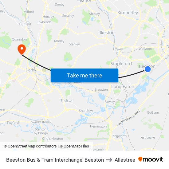 Beeston Bus & Tram Interchange, Beeston to Allestree map