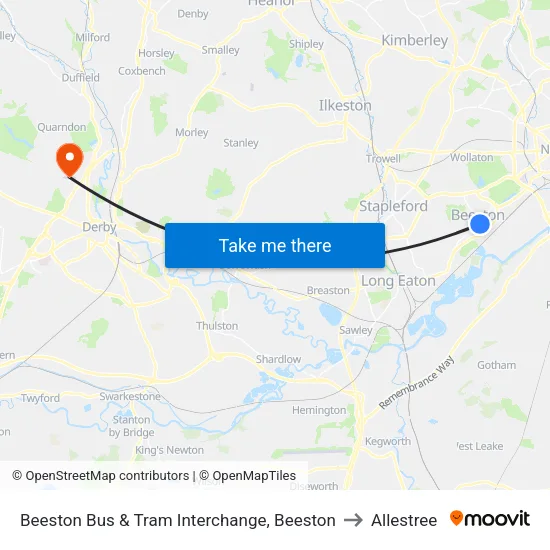 Beeston Bus & Tram Interchange, Beeston to Allestree map