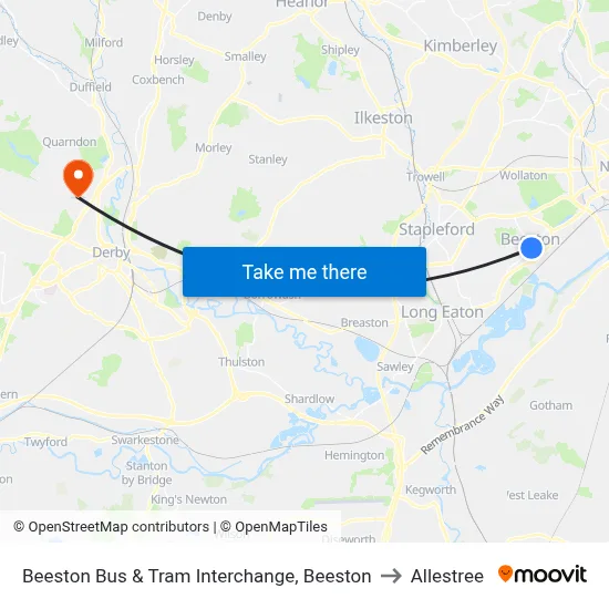 Beeston Bus & Tram Interchange, Beeston to Allestree map