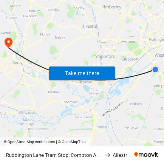 Ruddington Lane Tram Stop, Compton Acres to Allestree map