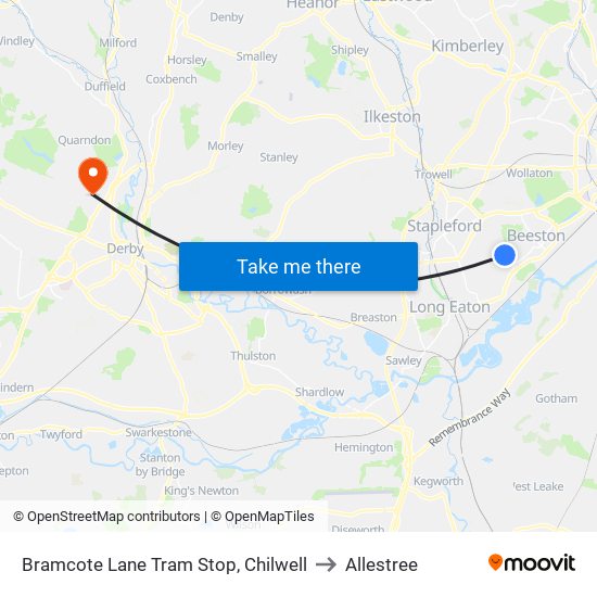 Bramcote Lane Tram Stop, Chilwell to Allestree map