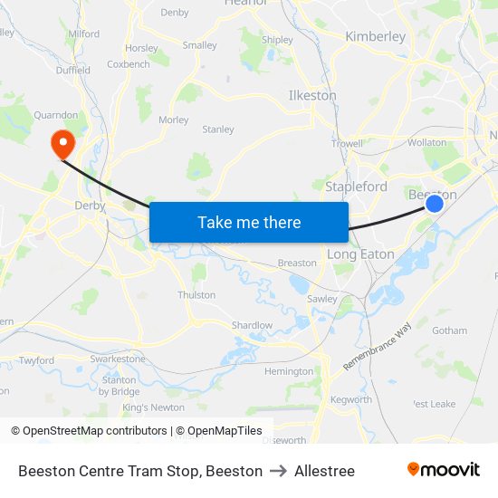 Beeston Centre Tram Stop, Beeston to Allestree map