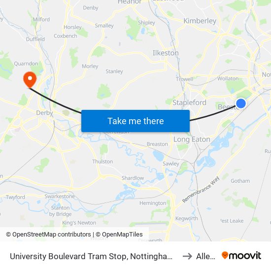 University Boulevard Tram Stop, Nottingham University Main Campus to Allestree map