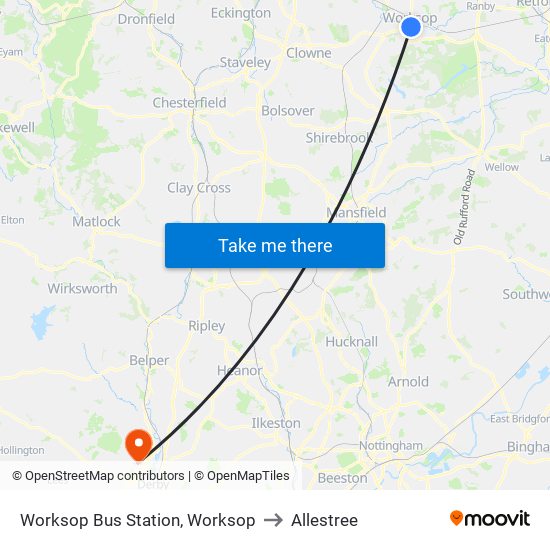 Worksop Bus Station, Worksop to Allestree map