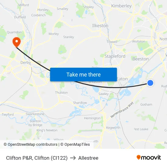 Clifton P&R, Clifton (Cl122) to Allestree map