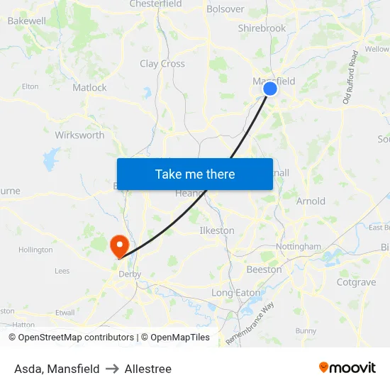 Asda, Mansfield to Allestree map