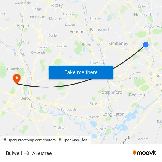 Bulwell to Allestree map
