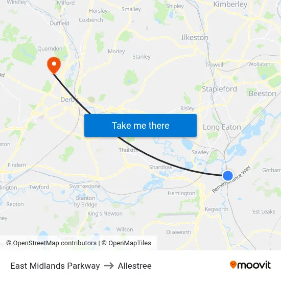 East Midlands Parkway to Allestree map