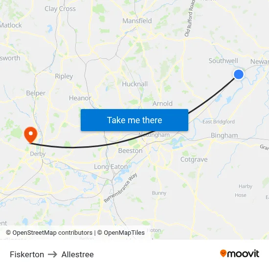 Fiskerton to Allestree map