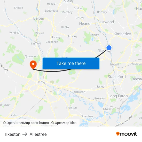 Ilkeston to Allestree map