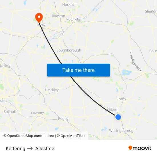 Kettering to Allestree map