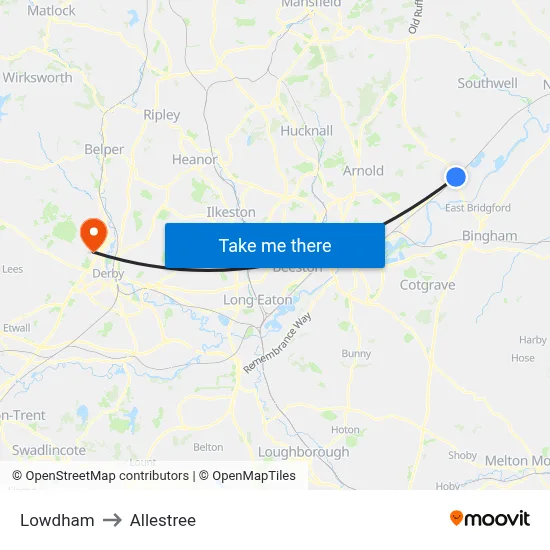 Lowdham to Allestree map