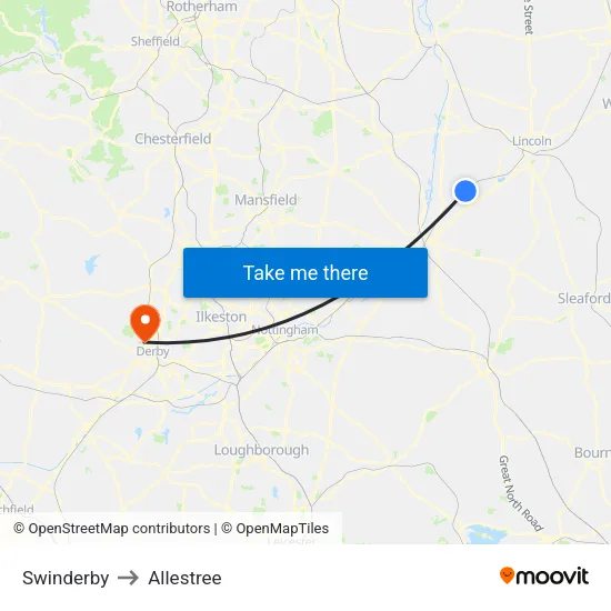 Swinderby to Allestree map