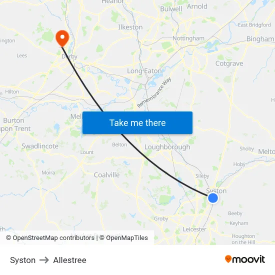 Syston to Allestree map