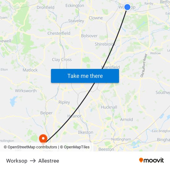 Worksop to Allestree map