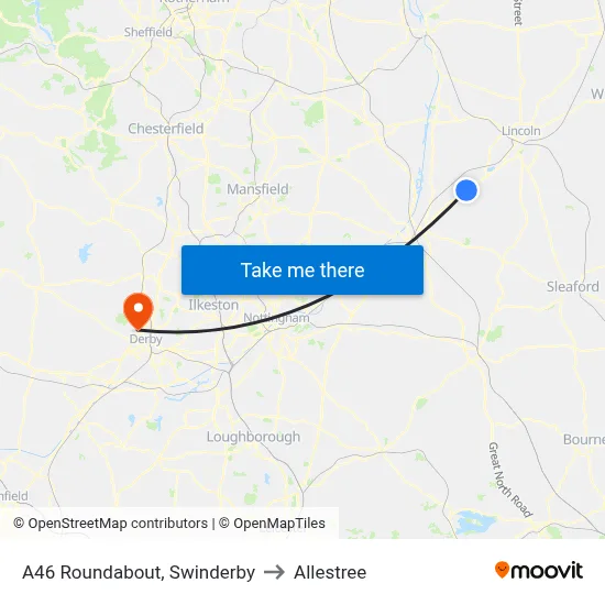 A46 Roundabout, Swinderby to Allestree map