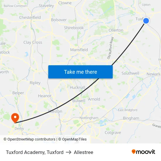 Tuxford Academy, Tuxford to Allestree map