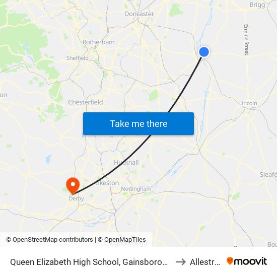 Queen Elizabeth High School, Gainsborough to Allestree map