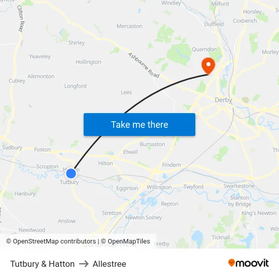 Tutbury & Hatton to Allestree map