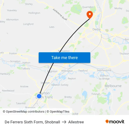 De Ferrers Sixth Form, Shobnall to Allestree map