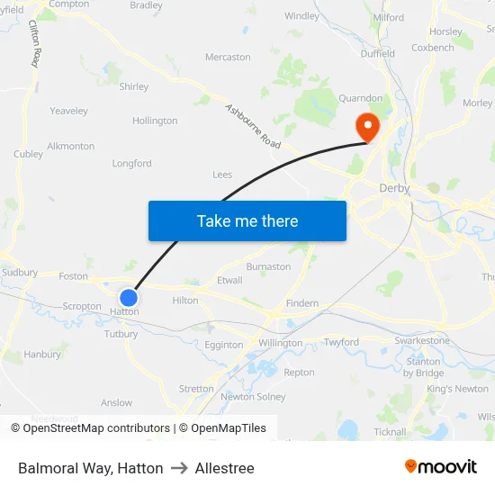 Balmoral Way, Hatton to Allestree map