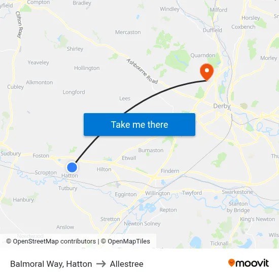 Balmoral Way, Hatton to Allestree map