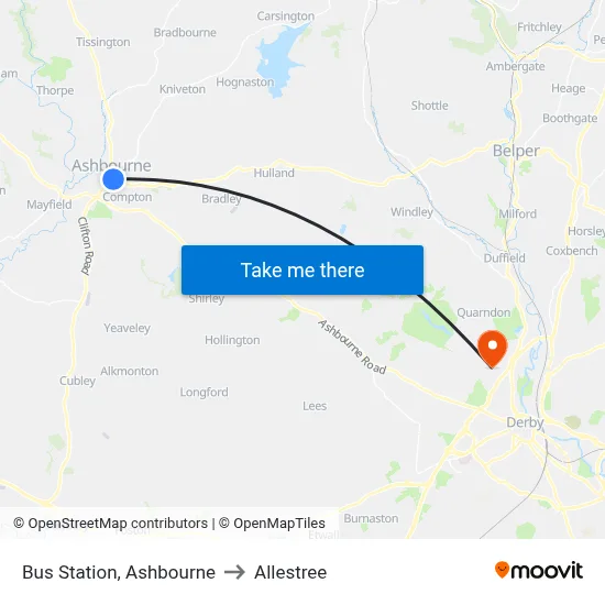 Bus Station, Ashbourne to Allestree map