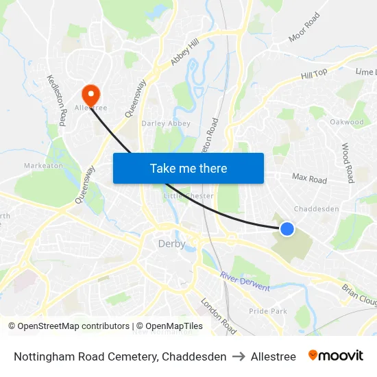 Nottingham Road Cemetery, Chaddesden to Allestree map
