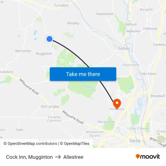 Cock Inn, Mugginton to Allestree map