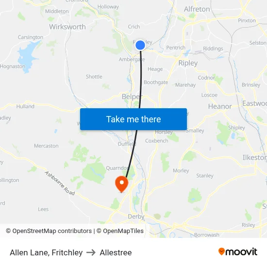 Allen Lane, Fritchley to Allestree map