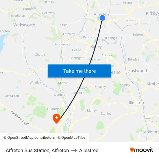 Alfreton Bus Station, Alfreton to Allestree map