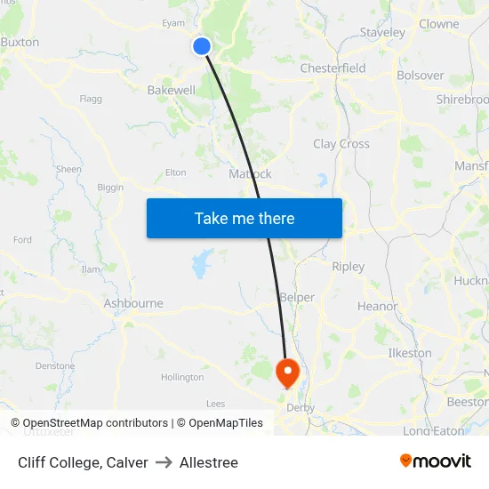 Cliff College, Calver to Allestree map