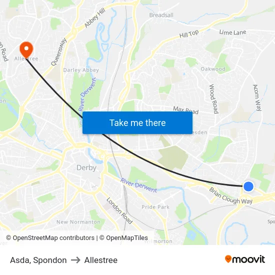 Asda, Spondon to Allestree map