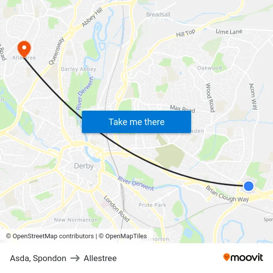 Asda, Spondon to Allestree map