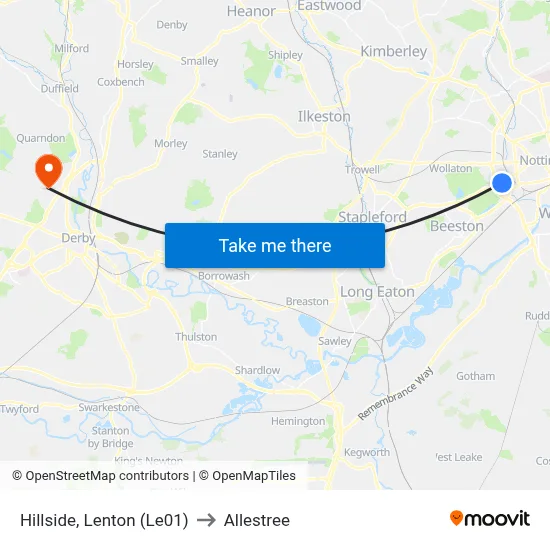 Hillside, Lenton (Le01) to Allestree map