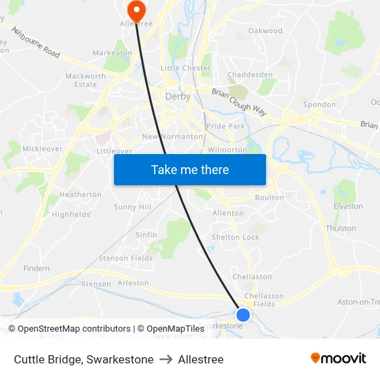 Cuttle Bridge, Swarkestone to Allestree map