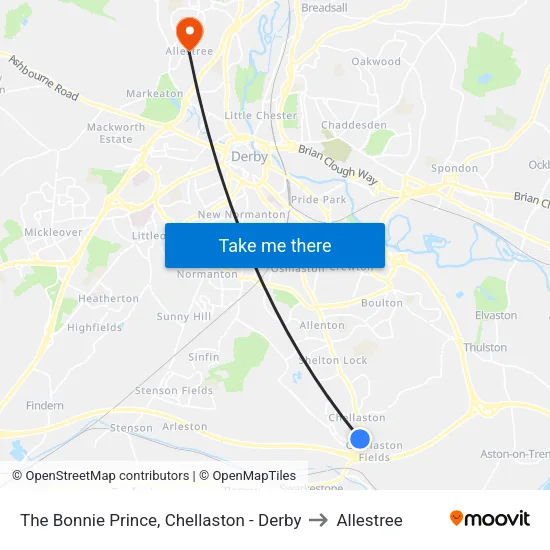 The Bonnie Prince, Chellaston - Derby to Allestree map