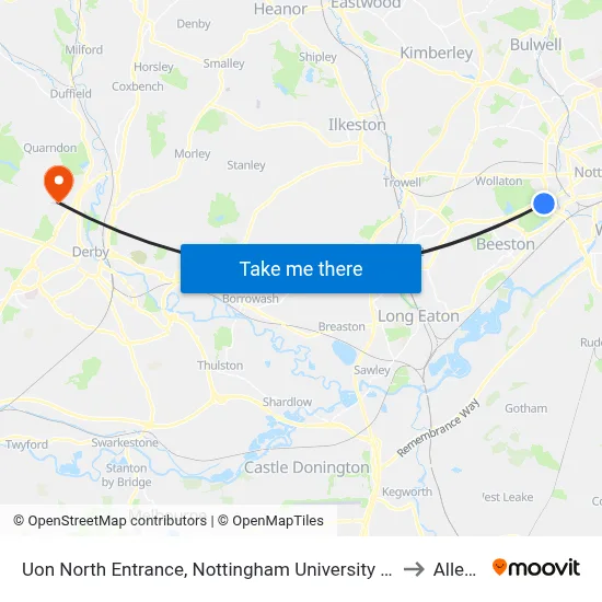 Uon North Entrance, Nottingham University Main Campus (Un14) to Allestree map
