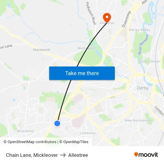 Chain Lane, Mickleover to Allestree map