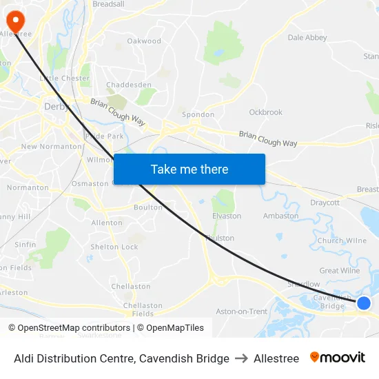 Aldi Distribution Centre, Cavendish Bridge to Allestree map